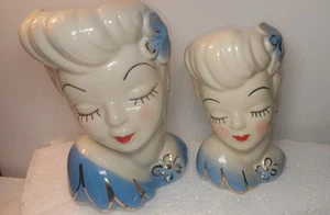 2- Vintage Glamour Girls in Blue, Lady Head Vase Set, 6" And 5" - Picture 1 of 16