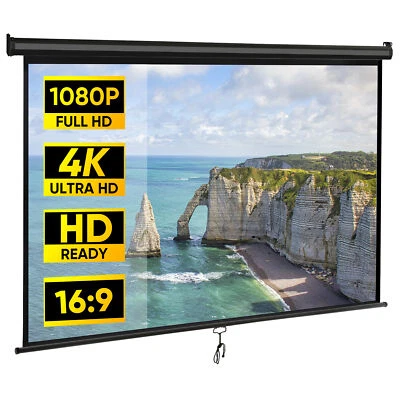 80" Projection Screen Manual Pull Down Projector Movie Theater 16:9 HD White - Image 1 of 4
