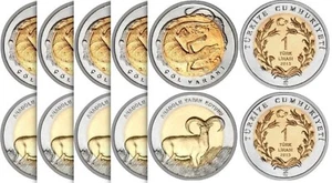 TURKEY 2015 UNC 5 (x) 2 PCS SET 1 LIRA DESERT VARAN - WILD SHEEP BIMETAL COIN - Picture 1 of 3