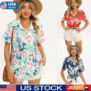 Womens Spring Casual Button Floral Short Sleeve T-shirts Ladies Print Blouse Top - Picture 1 of 29