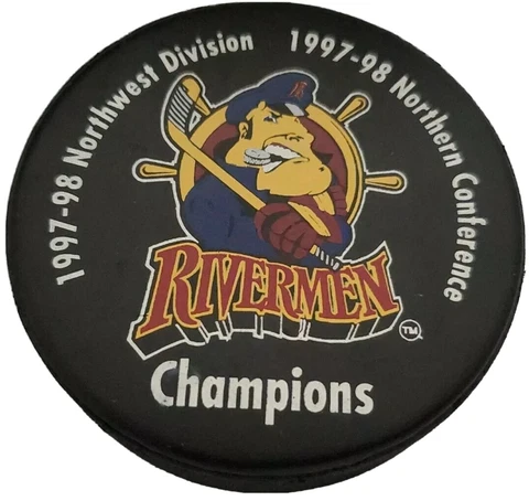 1997-1998 PEORIA RIVERMEN CHAMPIONS ECHL VINTAGE LINDSAY MFG. 🇨🇦 HOCKEY PUCK Cover