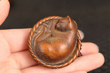 lovely Japanese China boxwood hand carved cat Figure statue netsuke collectable