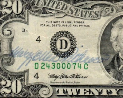 1993 $20 FEDERAL RESERVE AUTOGRAPH SIGNED TREASURER MARY ELLEN WITHROW (BE) - Image 1 of 4