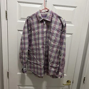Men’s Allen Flusser Large Button Up Purple Green Plaid Super Nice  - Picture 1 of 12