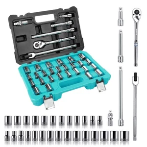 DURATECH 33PCS 1/2" Dr Socket Set Metric/SAE Ratchet Breaker Bar Socket Adapters - Picture 1 of 8