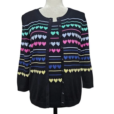 Talbots Sweater Set Size Petite M Navy Blue Cardigan Size Small Tank Heart Print - Image 1 of 4