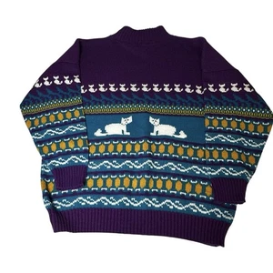 Pullover Vintage 80er Private Eyes Katzen AOP Strick Strickpullover Gr. 4 Wolle - Bild 1 von 7