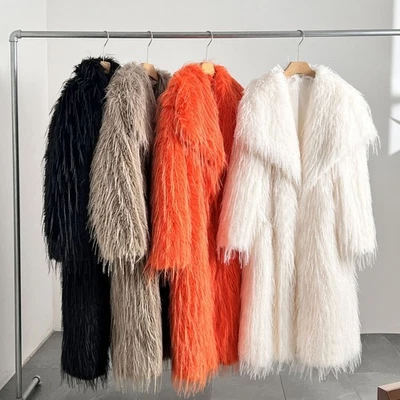 Abrigo largo de piel sintética borlas cuello solapa Occidente para mujer invierno mullido Ouwear Foto 1 de 4