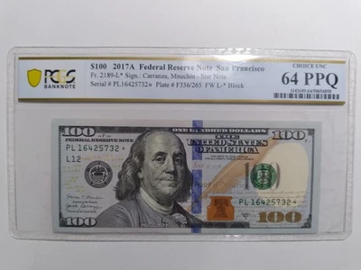 PCGS Banknote $100 2017A Fr. 2189-L STAR Choice Unc 64PPQ Federal Reserve Note  - Image 1 of 2