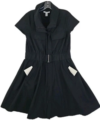 Kenneth Cole 纽约 ~ 女式 6 码 ~ 黑色短袖腰带连衣裙拉链前襟。 — 第 1/4 张图片