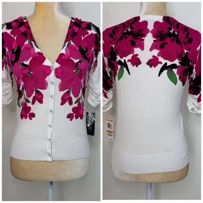 NUEVO CON ETIQUETAS INC International Concepts Cárdigan Floral Lluvia Talla Pequeña PS Blanco Rosa Foto 1 de 4