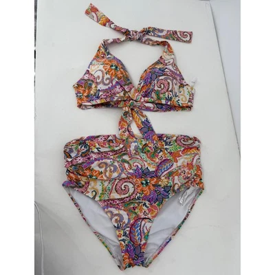Lauren Ralph Lauren Sz M High Waisted Paisley Orange Bikini Ruched Swimwear - Image 1 of 4