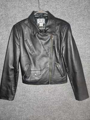 Chaqueta De Colección Clio Cuero Negro Moto Cremallera Corta Talla 10 Y2k Med Foto 1 de 4