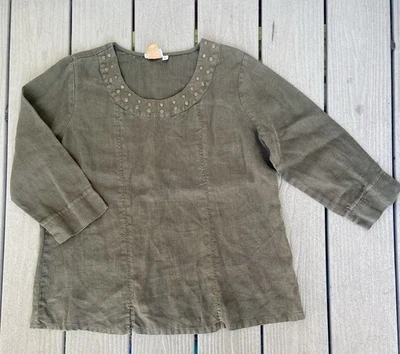 Lo último Camisa Algodón Lino Para Mujer L Camuflada Verde Mangas 3/4 Dorado Adornado Boho Foto 1 de 4