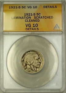 1921-S Buffalo Nickel ANACS VG-10 Details Cleaned Lamination SCR. ( Better Coin) - Picture 1 of 2