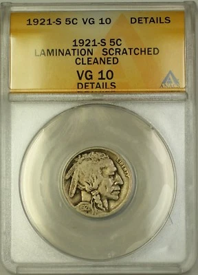 1921-S Buffalo Nickel ANACS VG-10 Details Cleaned Lamination SCR. ( Better Coin) - Image 1 of 2
