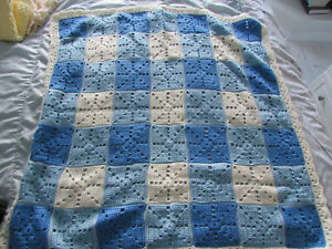 Beautiful Blue and Cream Hand Crochet Baby Blanket - New - REDUCED