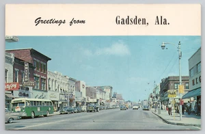Greetings from Gadsden AL Main Street View Alabama Postcard Pepsi Bus Sign 1950s - Picture 1 of 4