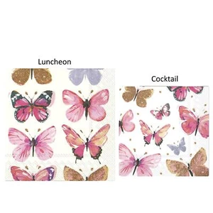 IHR Lunch Cocktail Napkins Nathalie Pink Butterflies 3ply Disposable Serviettes - Picture 1 of 3