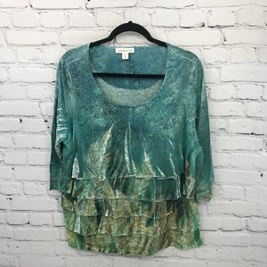 Coldwater Creek Top Womens 1X Green Floral Layered Look Short Sleeve Blouse Teal - Picture 1 of 13
