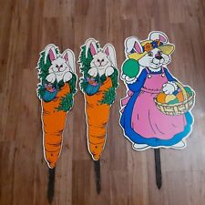 3 🐇🐇🌸VTG 28" EASTER BUNNY YARD SIGN DECORATION HARD PLASTIC WITH YARD STAKE 