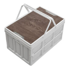 Camping Folding Storage Box with Carry Handle Wooden Lid Picnic Basket Crate Box