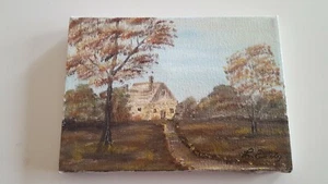 PINTURA AL ÓLEO DE LIENZO CUADRO/COLGADOR DE PARED/PLACA CON CABAÑA/ÁRBOLES/HIERBA  - Imagen 1 de 2