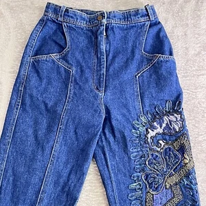 Pantalones de mezclilla Iacocca para mujer L BOHO tiro alto parecidos holgados 100 % algodón lentejuelas - Imagen 1 de 21