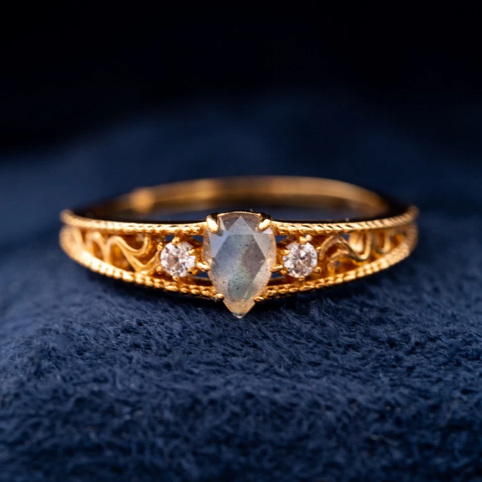 Anillo de labradorita victoriano vintage piedras preciosas banda real filigrana regalo de cumpleaños Foto 1 de 4