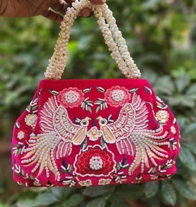 Pink Velvet Beaded Okpta Bag Birds Italian - Picture 1 of 3