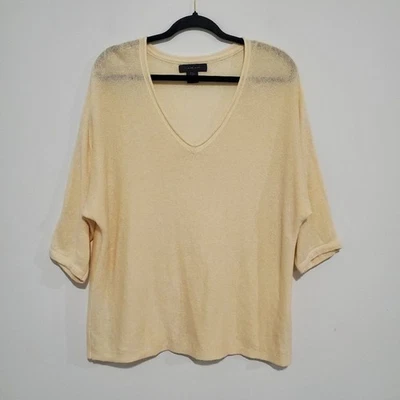 Suéter de malha Tahari amarelo manteiga creme costeiro mistura de linho neutro tamanho médio - Imagem 1 de 4