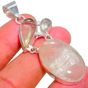 Natural Rutilated Quartz Gemstone 925 Sterling Silver Jewelry Pendant Size 2.4" - Picture 1 of 1