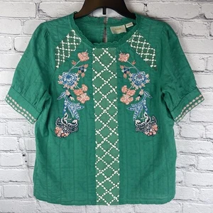 Maeve Top Blouse Women’s 6 Green Short Sleeve Boho Peasant Floral Embroidered - Picture 1 of 9