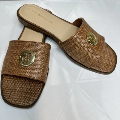 Sandálias femininas Tommy Hilfiger logotipo pipper ráfia plana marrom tamanho 10M NOVAS - Imagem 1 de 4
