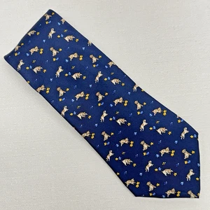 Salvatore Ferragamo Navy Blue Made in Italy Playing Puppy & Floral AOP Silk Tie - Picture 1 of 4