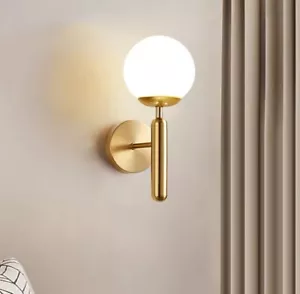 Decorative Simplistic Gold Wall Light With Opal Globe Shade Warm White LED Bulb - Picture 1 of 6