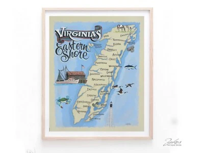 Virginia Eastern Shore Print retro  style  seafood art decor print vintage look - Image 1 of 3