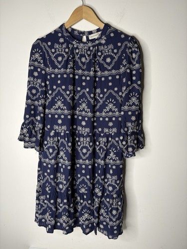 VETEMENTS Abito donna Penelope Rose XL a strati ricamato boho festival blu manica a campana