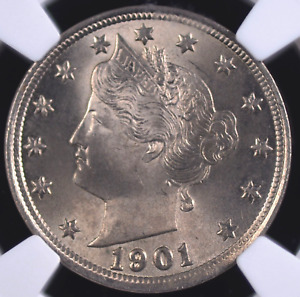 1901 LIBERTY "V" NICKEL NGC MS 64 VERY NICE SILVERY LUSTER WITH A HINT OF LEMONY