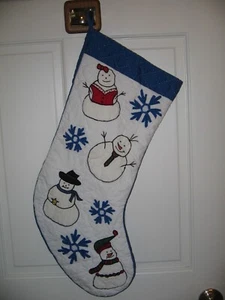 Vintage Christmas Stocking Snowman Quilted Appliqued 23" Country -  Snowflakes - Picture 1 of 7