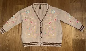Anthropologie Aratta Silent tan cardigan embroidered floral Sweater 2XL - Picture 1 of 7
