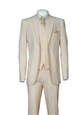 Новый полосатый Seersucker костюм 2 кнопки однобортный 3-PC w/жилет и брюки ST702 - Изображение 1 из 2