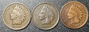 1902 / 1904 / 1907 Indian Cents - Picture 1 of 3