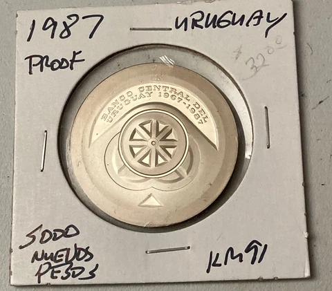 1987 URUGUAY PROOF 5000 NUEVOS PESOS PROOF SILVER COIN Cover