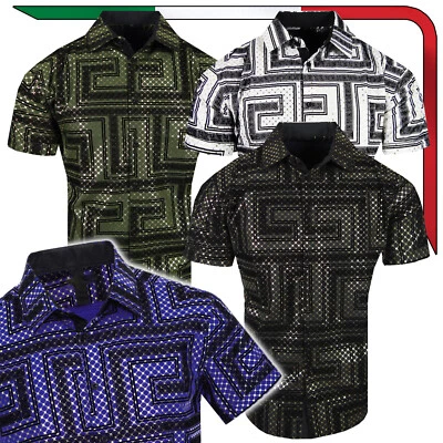 Italian Velvet Stripe Shirt Short Sleeve Shiny Gold Overlay Mens Stretch Button - Image 1 of 2