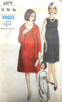 VOGUE 6279 Vestido de Maternidad y Abrigo Patrón Cintura Imperio Cuello Bateaux Talla 14 SIN CORTAR Foto 1 de 4