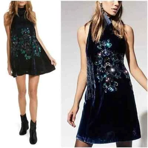 Free People NWT Jills Sequin Swing Mini Dress blue Velvet Mock neck Womens M - Picture 1 of 6