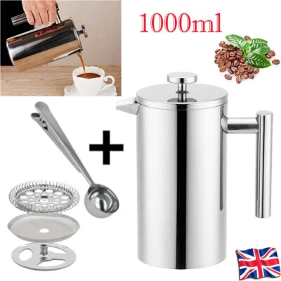 1000ml 8 Cup Stainless Steel Double Wall Cafetiere Filter Coffee Maker Plunger - Image 1 of 4