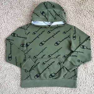 CHAMPION Army Green All-Over Logo Graphic Print Fleece Hoodie Sweatshirt Boys M - Picture 1 of 19