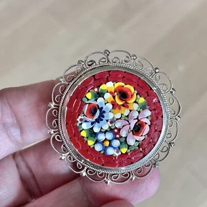 Vintage Micro Mosaic Floral Brooch Pin Silver Tone Filigree Italy - Picture 1 of 4